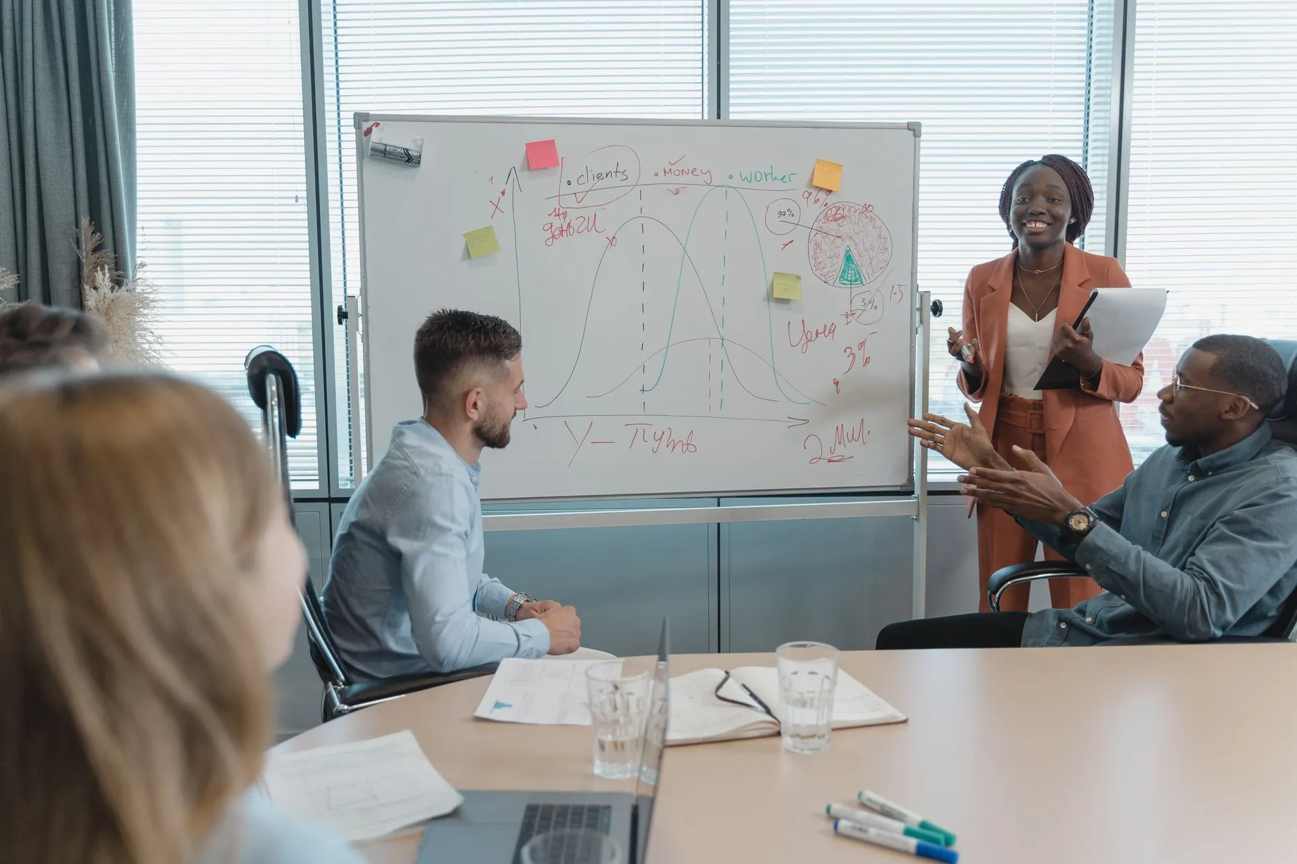 A smiling woman in a coral suit holds a notebook and presents beside a whiteboard covered in hand-drawn curves and sticky notes, while three colleagues listen from around a conference table.