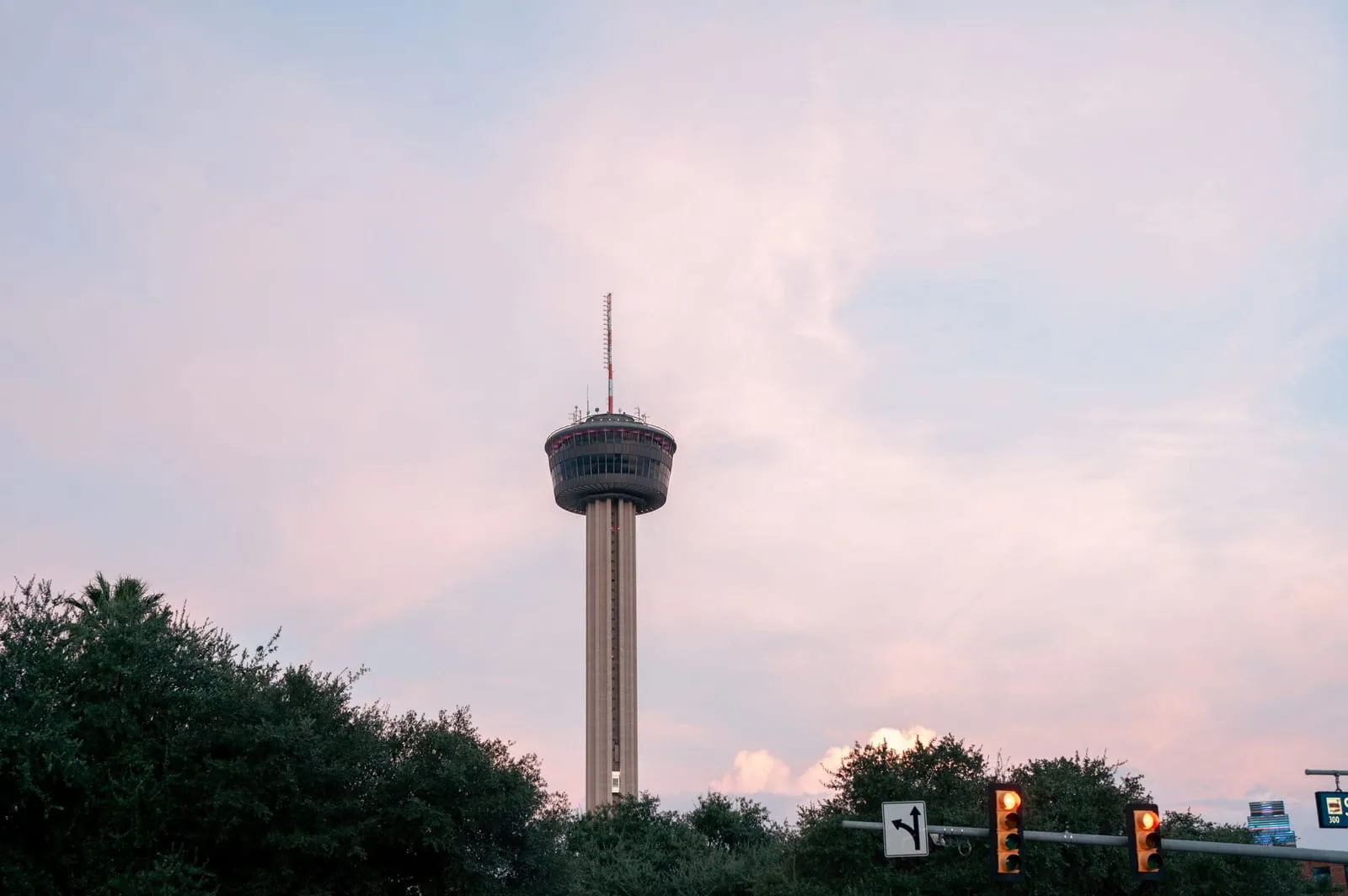 A slender concrete observation tower against a pink evening sky above a line of trees