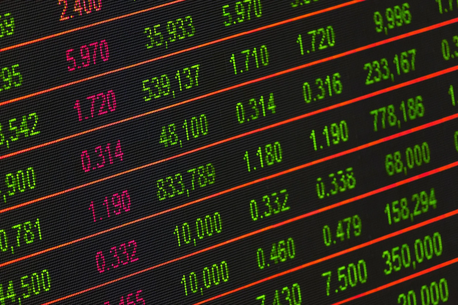 A stock exchange display board showing rows of ticker symbols and price changes in red and green