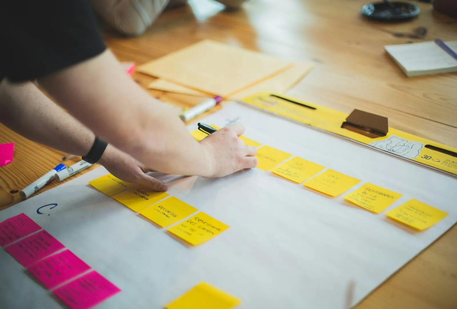 A person arranges yellow and pink sticky notes in rows on a large sheet of paper spread over a wooden table during a planning session.