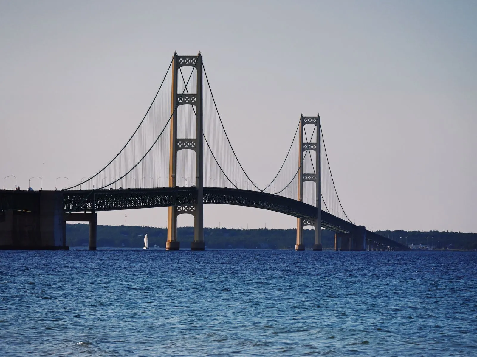 A long suspension bridge with two tall towers crossing a wide blue strait