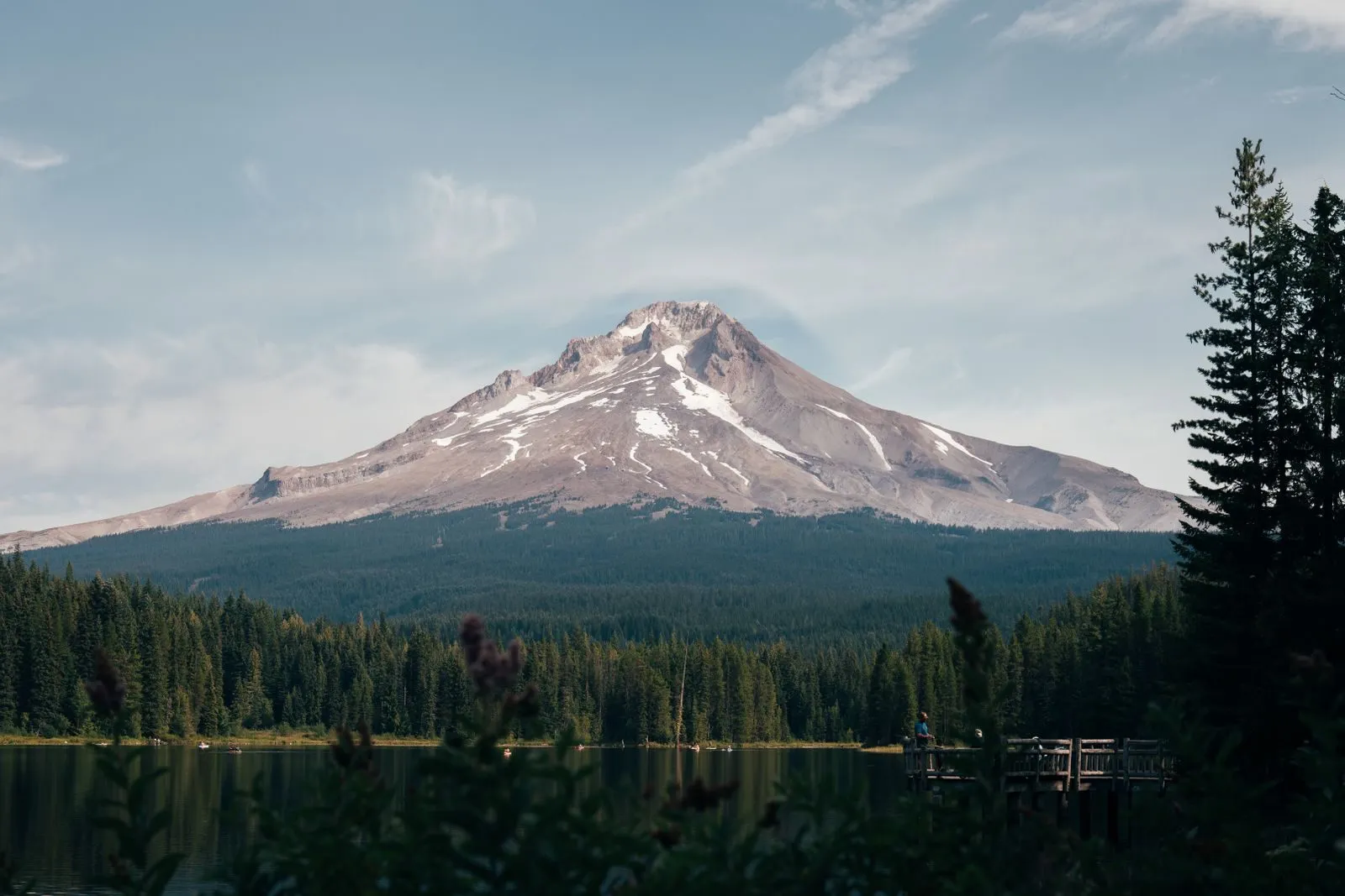 A snow-capped volcanic peak rising above a dark conifer forest and a still lake, a tall fir in the right foreground