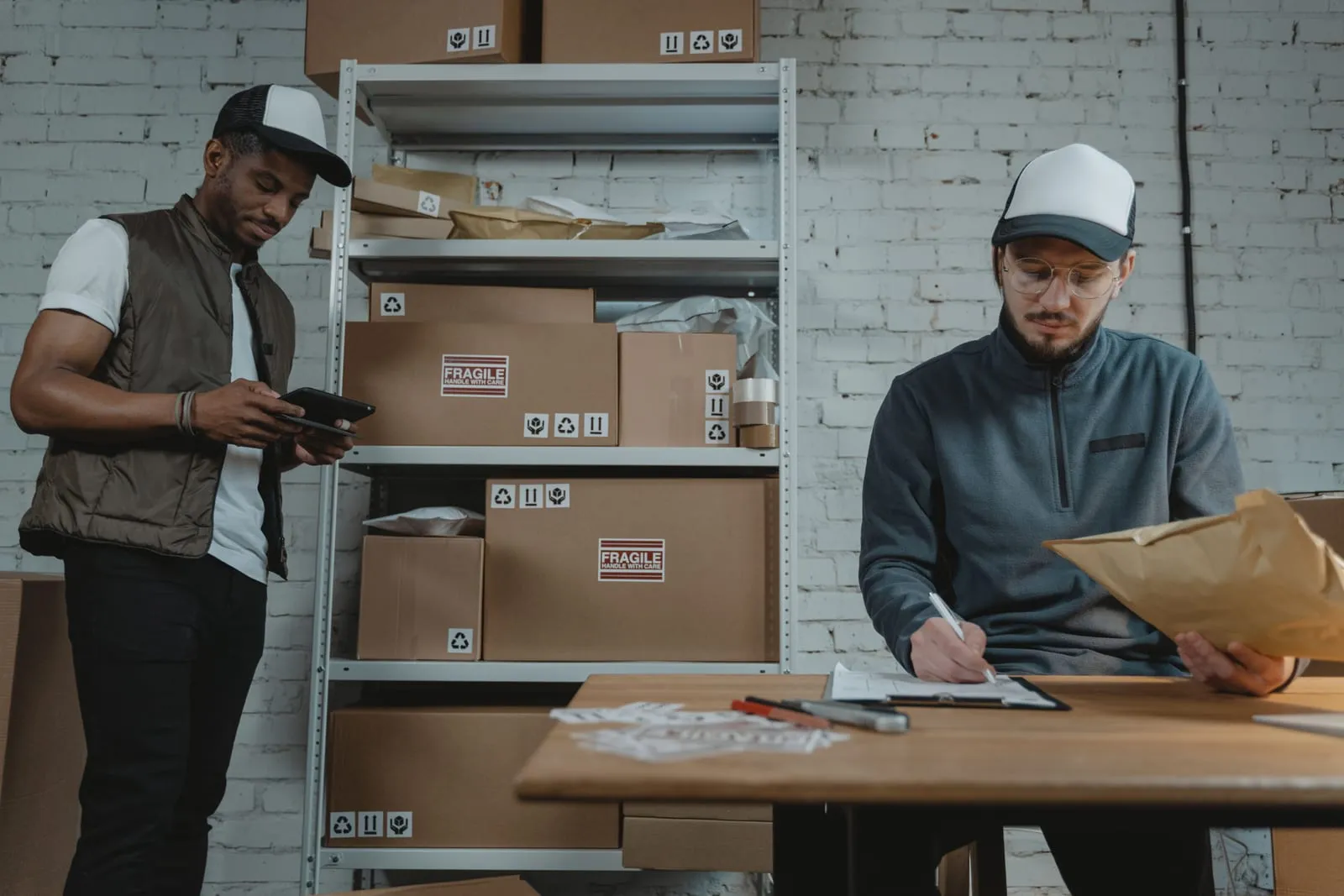 Two workers in caps in a stockroom, one holding a tablet beside shelves of boxes and the other writing on a clipboard at a wooden table
